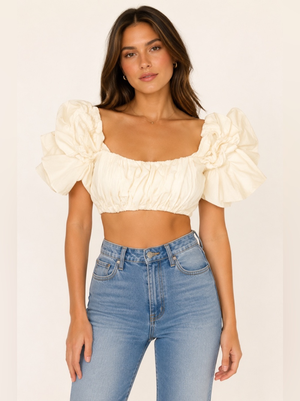 Lanca Perfume Smocked Ivory Puff-Sleeve Crop Top